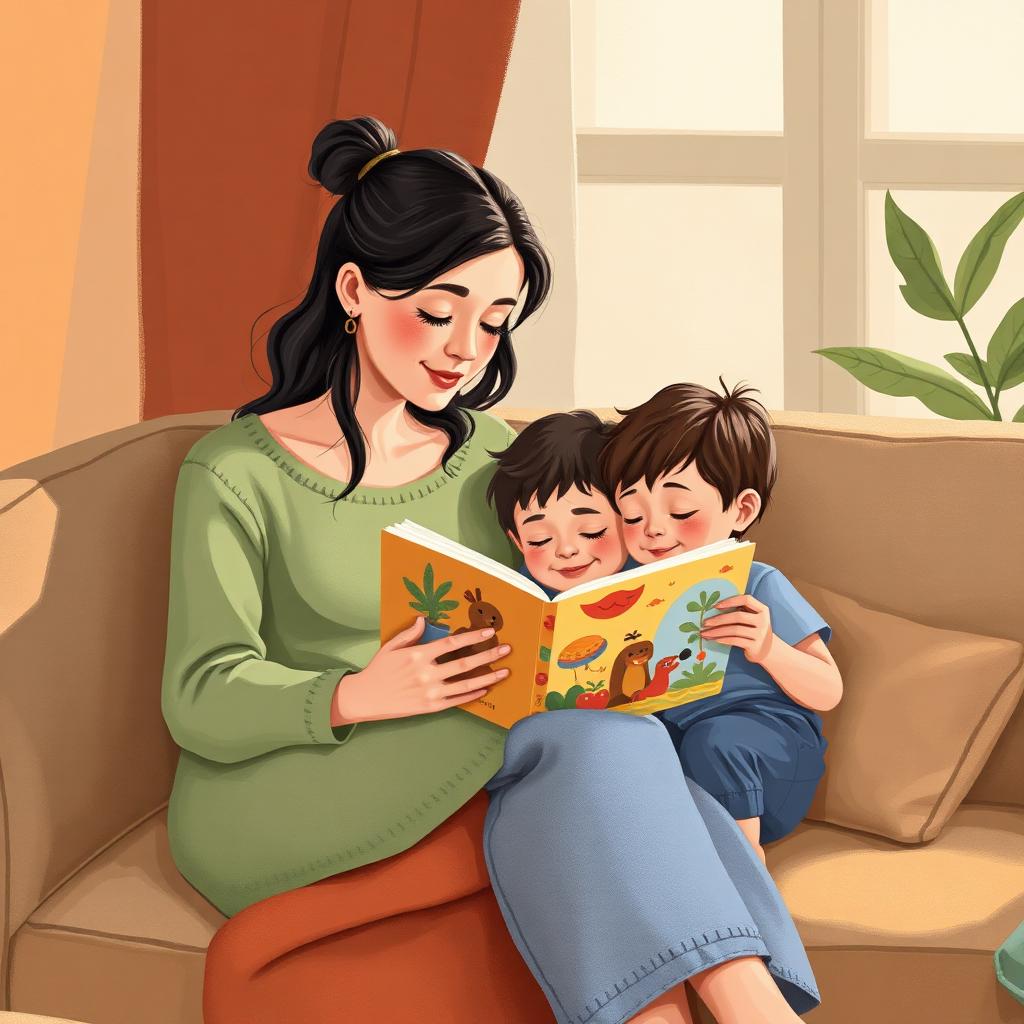 A parent reading a picture book with two young children