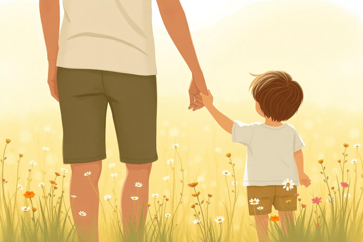 A parent and young child walking hand in hand through a sunlit meadow